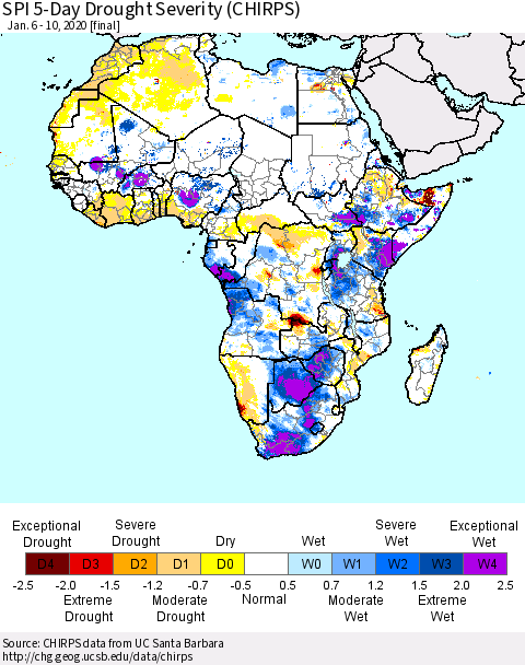 Africa SPI 5-Day Drought Severity (CHIRPS) Thematic Map For 1/6/2020 - 1/10/2020