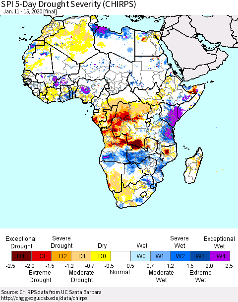 Africa SPI 5-Day Drought Severity (CHIRPS) Thematic Map For 1/11/2020 - 1/15/2020