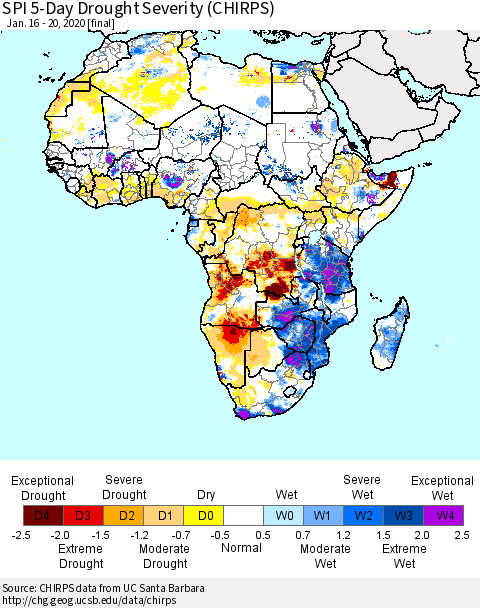 Africa SPI 5-Day Drought Severity (CHIRPS) Thematic Map For 1/16/2020 - 1/20/2020