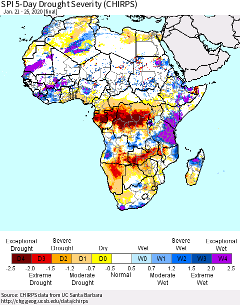 Africa SPI 5-Day Drought Severity (CHIRPS) Thematic Map For 1/21/2020 - 1/25/2020