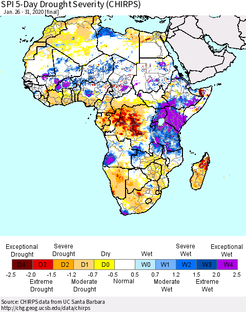 Africa SPI 5-Day Drought Severity (CHIRPS) Thematic Map For 1/26/2020 - 1/31/2020