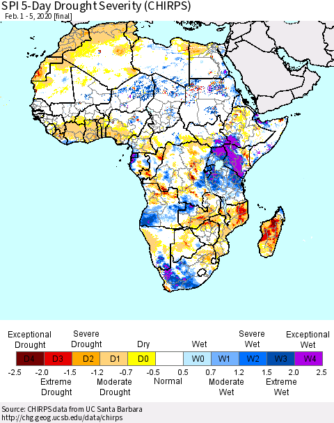 Africa SPI 5-Day Drought Severity (CHIRPS) Thematic Map For 2/1/2020 - 2/5/2020
