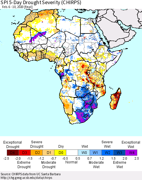 Africa SPI 5-Day Drought Severity (CHIRPS) Thematic Map For 2/6/2020 - 2/10/2020