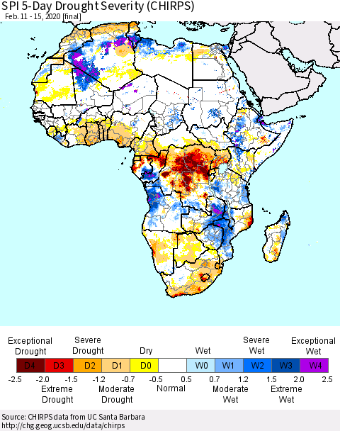 Africa SPI 5-Day Drought Severity (CHIRPS) Thematic Map For 2/11/2020 - 2/15/2020