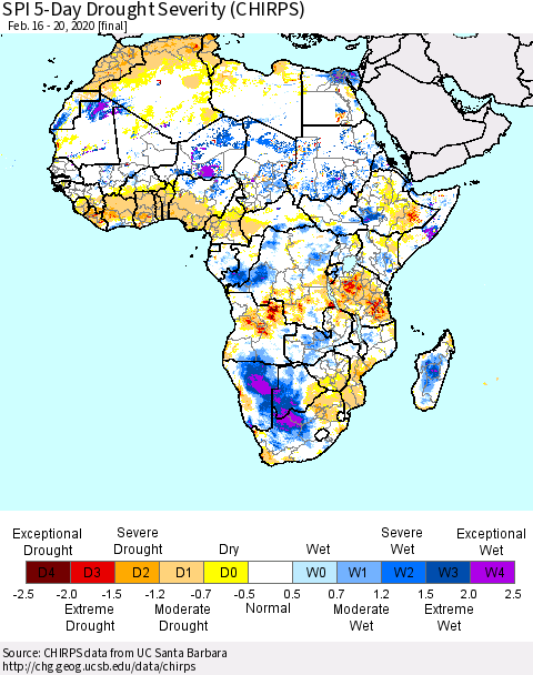 Africa SPI 5-Day Drought Severity (CHIRPS) Thematic Map For 2/16/2020 - 2/20/2020