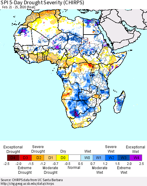 Africa SPI 5-Day Drought Severity (CHIRPS) Thematic Map For 2/21/2020 - 2/25/2020