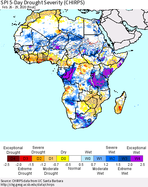 Africa SPI 5-Day Drought Severity (CHIRPS) Thematic Map For 2/26/2020 - 2/29/2020