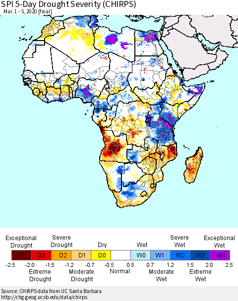 Africa SPI 5-Day Drought Severity (CHIRPS) Thematic Map For 3/1/2020 - 3/5/2020