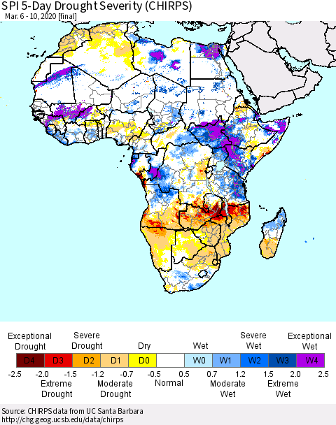 Africa SPI 5-Day Drought Severity (CHIRPS) Thematic Map For 3/6/2020 - 3/10/2020