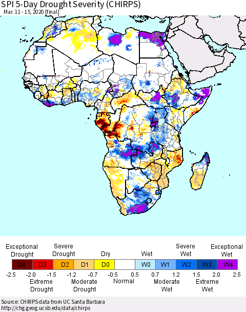Africa SPI 5-Day Drought Severity (CHIRPS) Thematic Map For 3/11/2020 - 3/15/2020