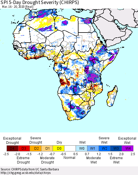 Africa SPI 5-Day Drought Severity (CHIRPS) Thematic Map For 3/16/2020 - 3/20/2020