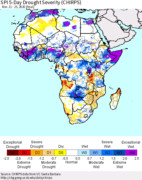 Africa SPI 5-Day Drought Severity (CHIRPS) Thematic Map For 3/21/2020 - 3/25/2020