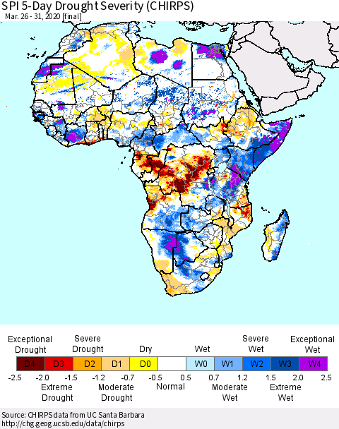 Africa SPI 5-Day Drought Severity (CHIRPS) Thematic Map For 3/26/2020 - 3/31/2020