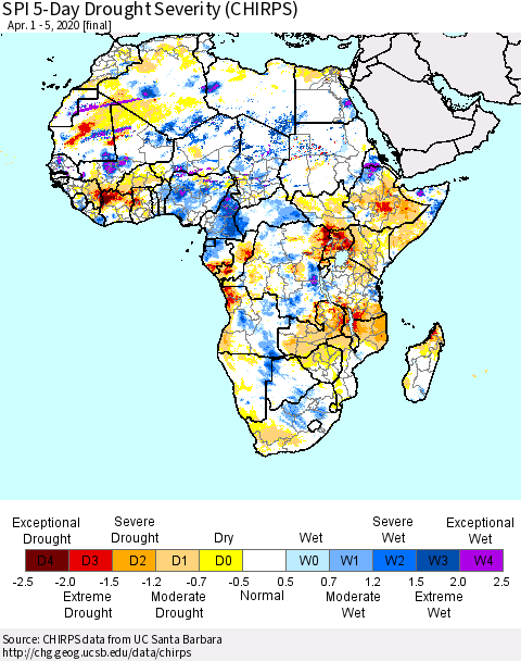 Africa SPI 5-Day Drought Severity (CHIRPS) Thematic Map For 4/1/2020 - 4/5/2020
