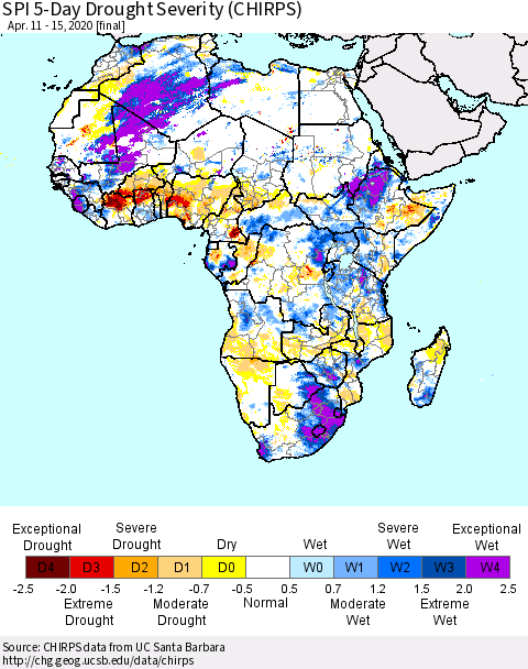 Africa SPI 5-Day Drought Severity (CHIRPS) Thematic Map For 4/11/2020 - 4/15/2020