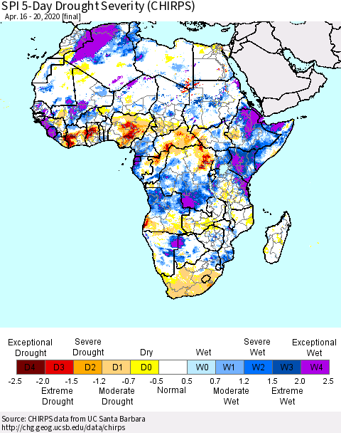 Africa SPI 5-Day Drought Severity (CHIRPS) Thematic Map For 4/16/2020 - 4/20/2020