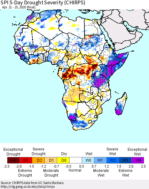 Africa SPI 5-Day Drought Severity (CHIRPS) Thematic Map For 4/21/2020 - 4/25/2020