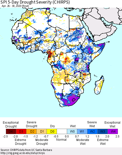 Africa SPI 5-Day Drought Severity (CHIRPS) Thematic Map For 4/26/2020 - 4/30/2020