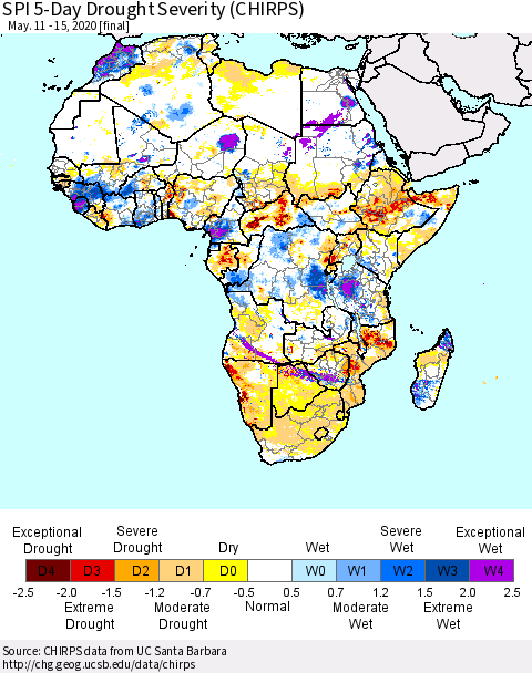 Africa SPI 5-Day Drought Severity (CHIRPS) Thematic Map For 5/11/2020 - 5/15/2020