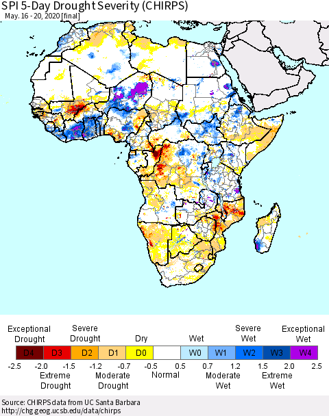 Africa SPI 5-Day Drought Severity (CHIRPS) Thematic Map For 5/16/2020 - 5/20/2020