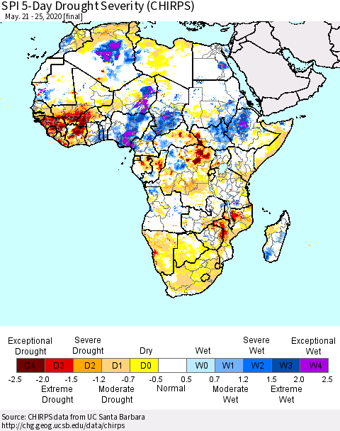 Africa SPI 5-Day Drought Severity (CHIRPS) Thematic Map For 5/21/2020 - 5/25/2020