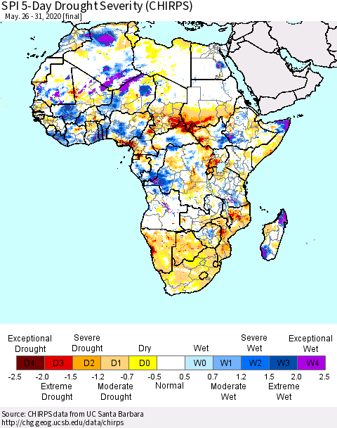 Africa SPI 5-Day Drought Severity (CHIRPS) Thematic Map For 5/26/2020 - 5/31/2020