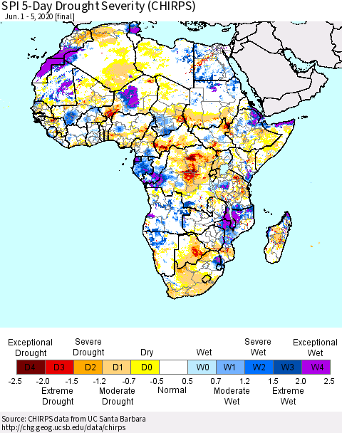 Africa SPI 5-Day Drought Severity (CHIRPS) Thematic Map For 6/1/2020 - 6/5/2020