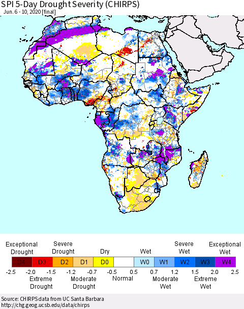 Africa SPI 5-Day Drought Severity (CHIRPS) Thematic Map For 6/6/2020 - 6/10/2020