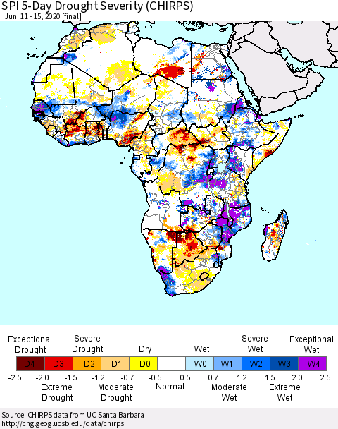 Africa SPI 5-Day Drought Severity (CHIRPS) Thematic Map For 6/11/2020 - 6/15/2020