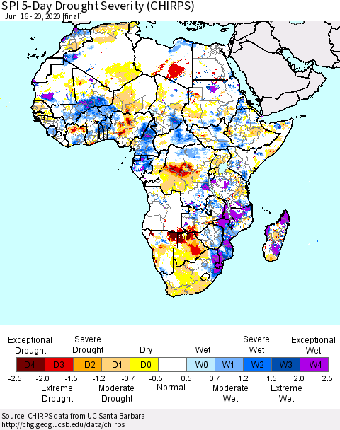 Africa SPI 5-Day Drought Severity (CHIRPS) Thematic Map For 6/16/2020 - 6/20/2020