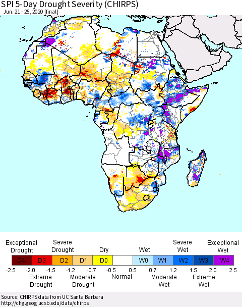Africa SPI 5-Day Drought Severity (CHIRPS) Thematic Map For 6/21/2020 - 6/25/2020