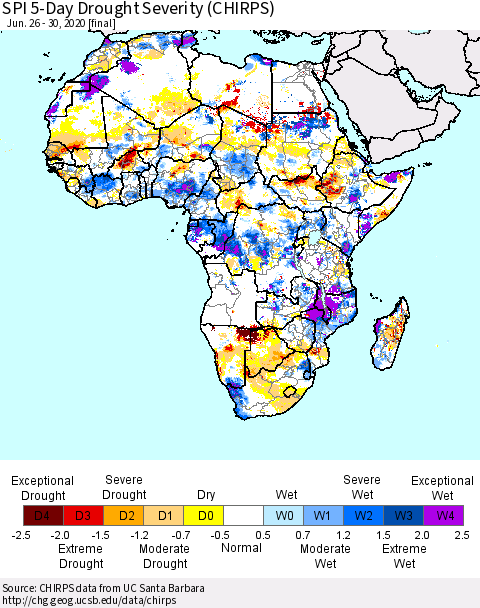 Africa SPI 5-Day Drought Severity (CHIRPS) Thematic Map For 6/26/2020 - 6/30/2020