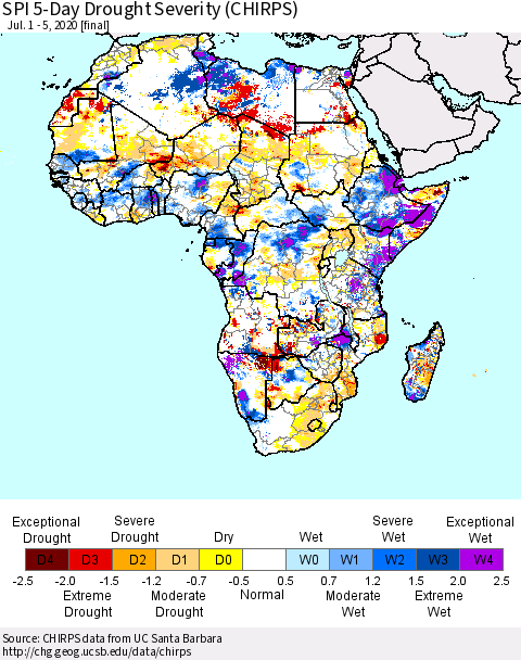 Africa SPI 5-Day Drought Severity (CHIRPS) Thematic Map For 7/1/2020 - 7/5/2020