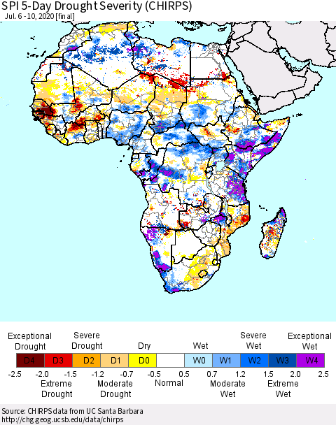 Africa SPI 5-Day Drought Severity (CHIRPS) Thematic Map For 7/6/2020 - 7/10/2020