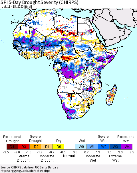 Africa SPI 5-Day Drought Severity (CHIRPS) Thematic Map For 7/11/2020 - 7/15/2020