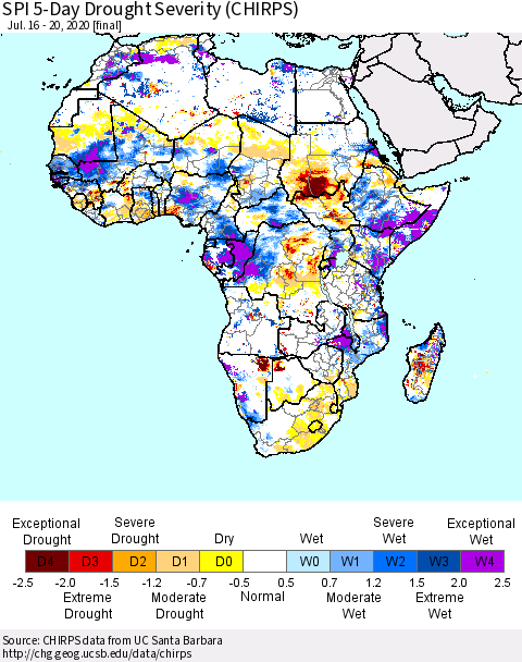 Africa SPI 5-Day Drought Severity (CHIRPS) Thematic Map For 7/16/2020 - 7/20/2020