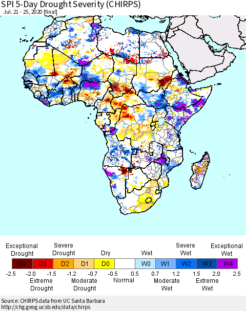 Africa SPI 5-Day Drought Severity (CHIRPS) Thematic Map For 7/21/2020 - 7/25/2020