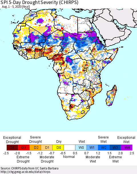 Africa SPI 5-Day Drought Severity (CHIRPS) Thematic Map For 8/1/2020 - 8/5/2020