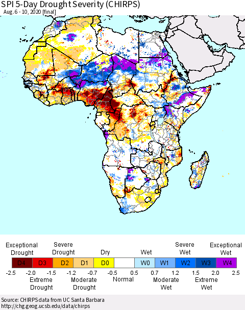 Africa SPI 5-Day Drought Severity (CHIRPS) Thematic Map For 8/6/2020 - 8/10/2020