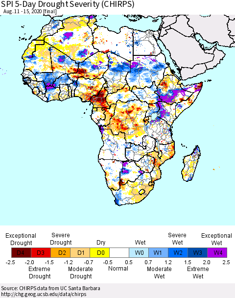 Africa SPI 5-Day Drought Severity (CHIRPS) Thematic Map For 8/11/2020 - 8/15/2020