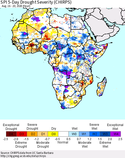 Africa SPI 5-Day Drought Severity (CHIRPS) Thematic Map For 8/16/2020 - 8/20/2020