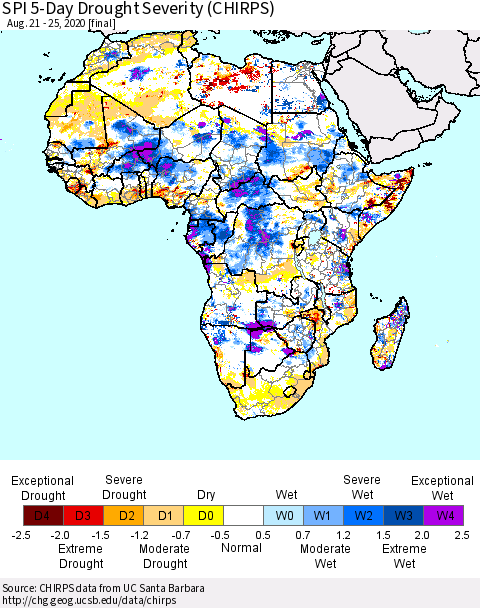 Africa SPI 5-Day Drought Severity (CHIRPS) Thematic Map For 8/21/2020 - 8/25/2020