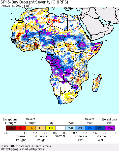 Africa SPI 5-Day Drought Severity (CHIRPS) Thematic Map For 8/26/2020 - 8/31/2020