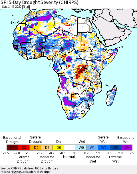 Africa SPI 5-Day Drought Severity (CHIRPS) Thematic Map For 9/1/2020 - 9/5/2020