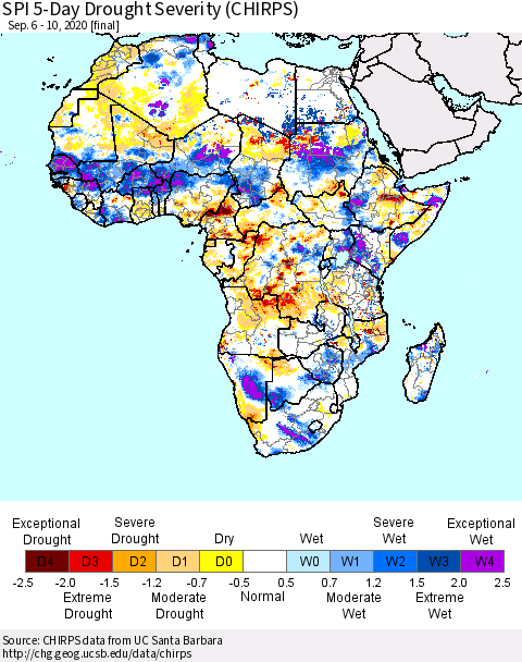 Africa SPI 5-Day Drought Severity (CHIRPS) Thematic Map For 9/6/2020 - 9/10/2020