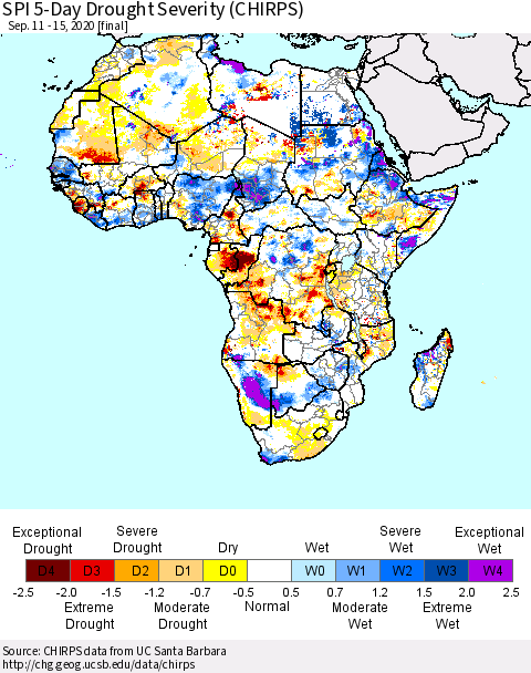 Africa SPI 5-Day Drought Severity (CHIRPS) Thematic Map For 9/11/2020 - 9/15/2020