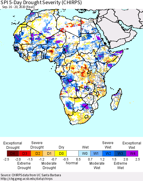 Africa SPI 5-Day Drought Severity (CHIRPS) Thematic Map For 9/16/2020 - 9/20/2020