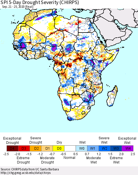 Africa SPI 5-Day Drought Severity (CHIRPS) Thematic Map For 9/21/2020 - 9/25/2020