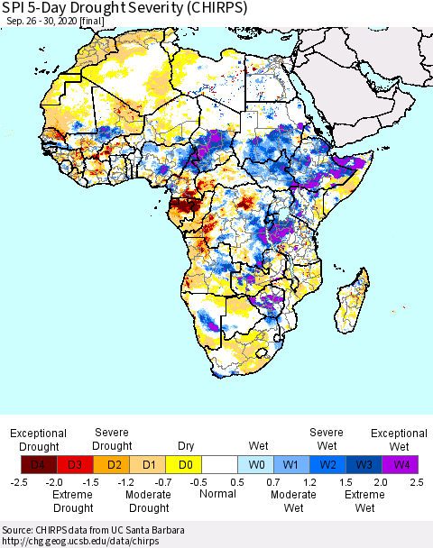 Africa SPI 5-Day Drought Severity (CHIRPS) Thematic Map For 9/26/2020 - 9/30/2020