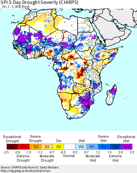 Africa SPI 5-Day Drought Severity (CHIRPS) Thematic Map For 10/1/2020 - 10/5/2020